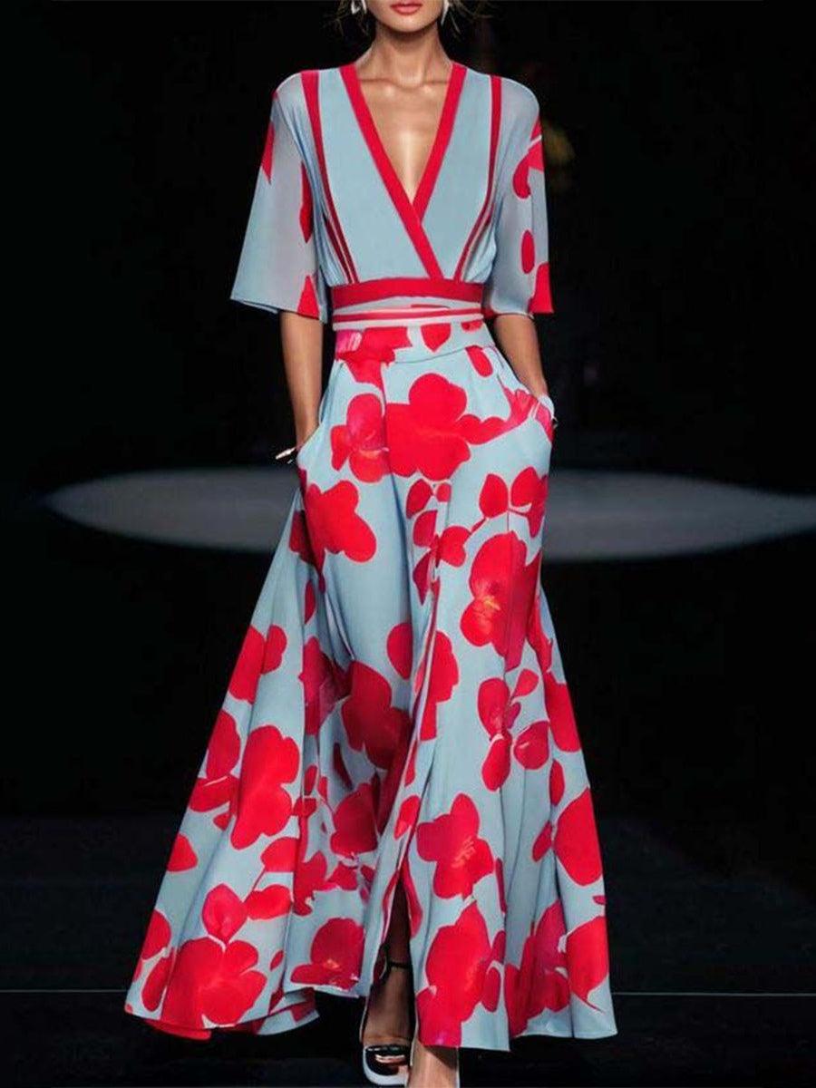 Mathilda – Elegantní maxi komplet – midi šaty v plážovém glamour stylu, barva: červená