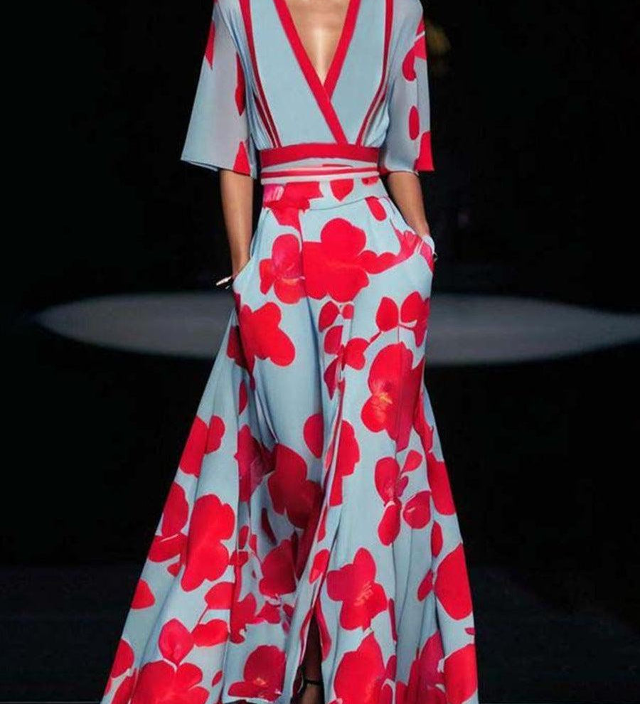 Mathilda – Elegantní maxi komplet – midi šaty v plážovém glamour stylu, barva: červená
