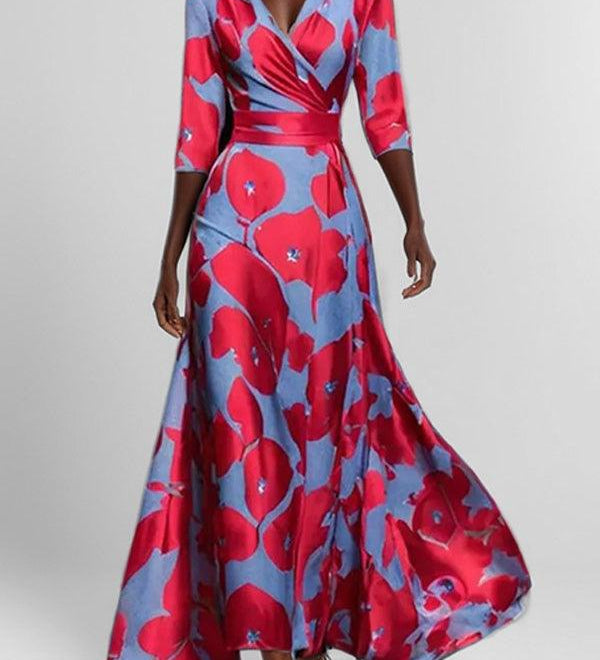 Mathilda – Elegantní maxi komplet – midi šaty v plážovém glamour stylu, barva: modrá/červená