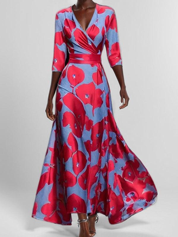 Mathilda – Elegantní maxi komplet – midi šaty v plážovém glamour stylu, barva: modrá/červená