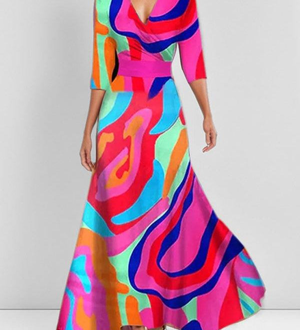 Mathilda – Elegantní maxi komplet – midi šaty v plážovém glamour stylu, barva: vícebarevná