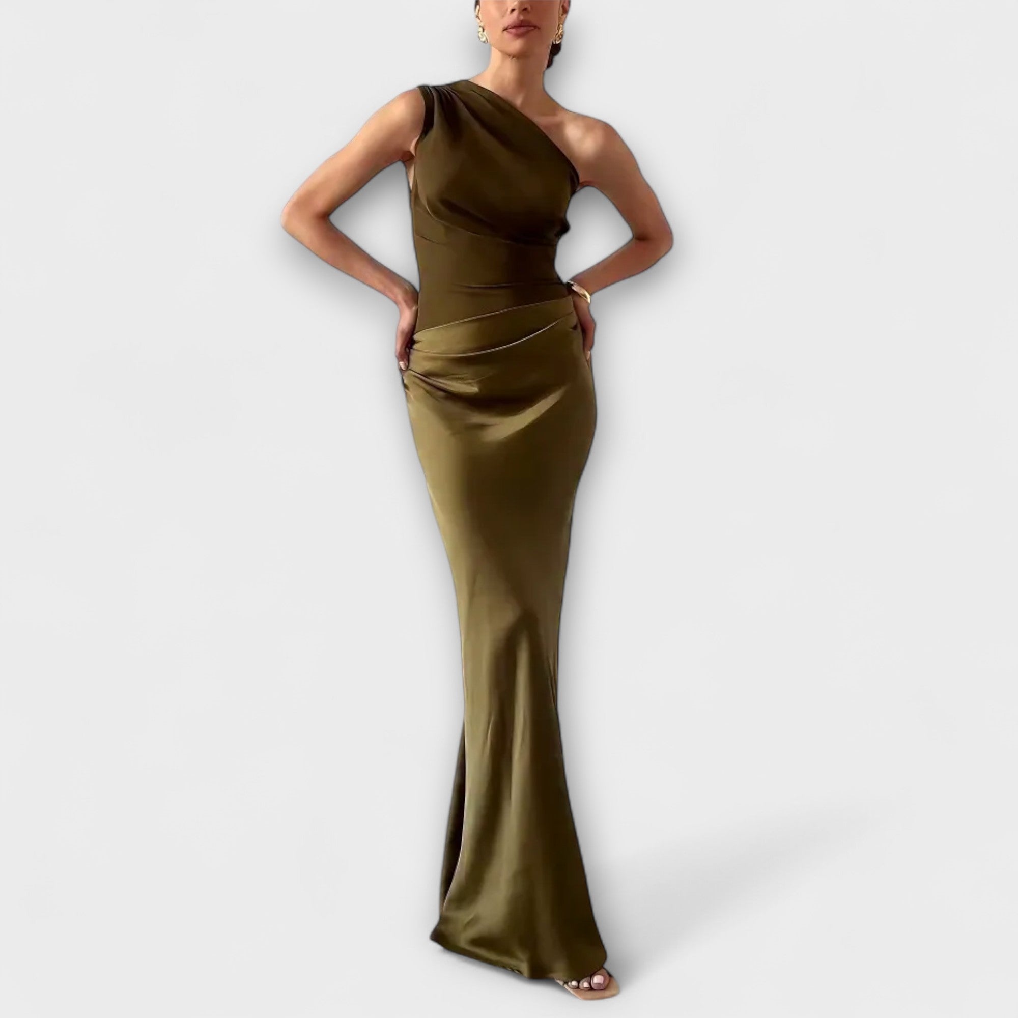 Tania - Elegantní maxi šaty na jedno rameno, barva: tmavě zelená