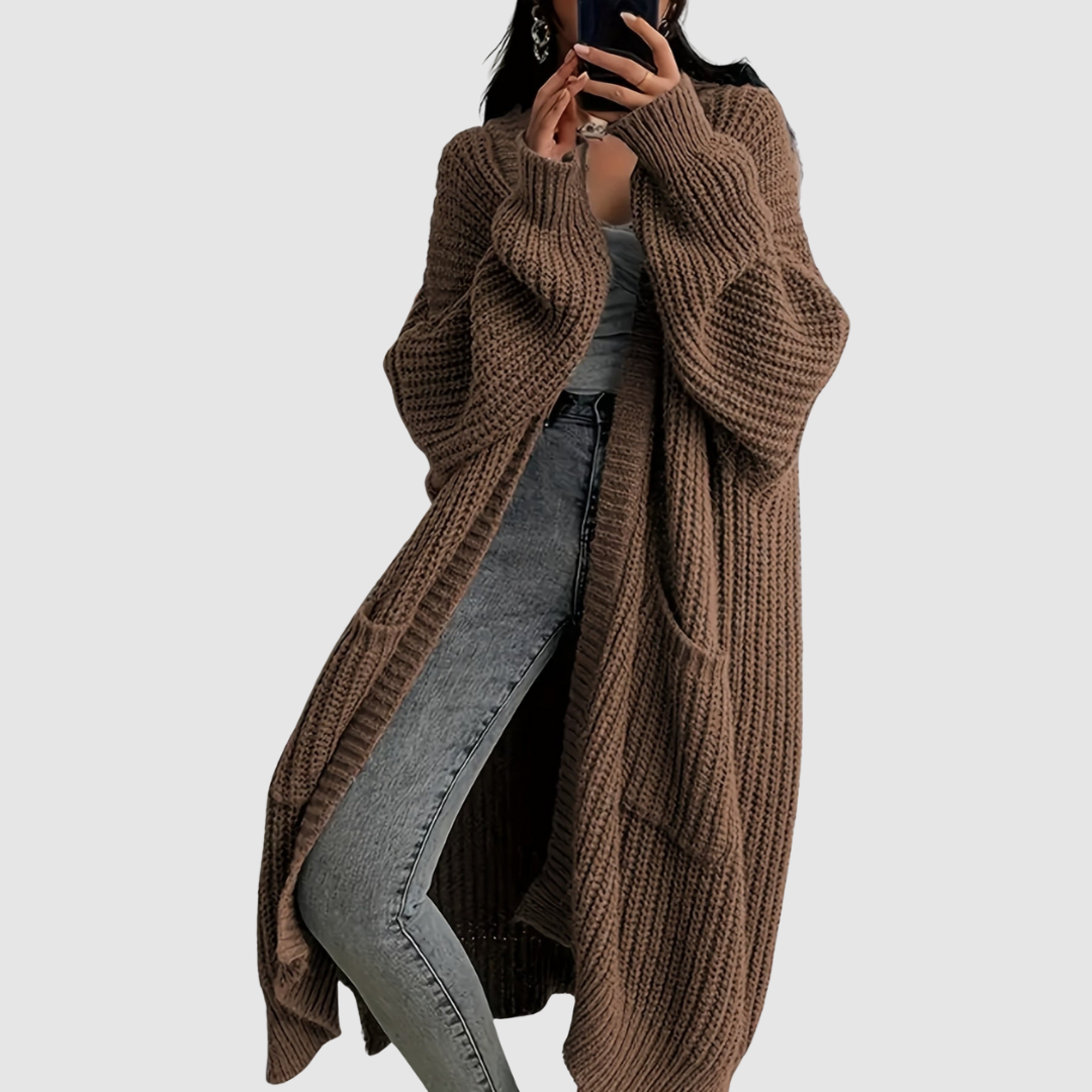 Marie – Pohodlný dlouhý cardigan, barva: hnědá
