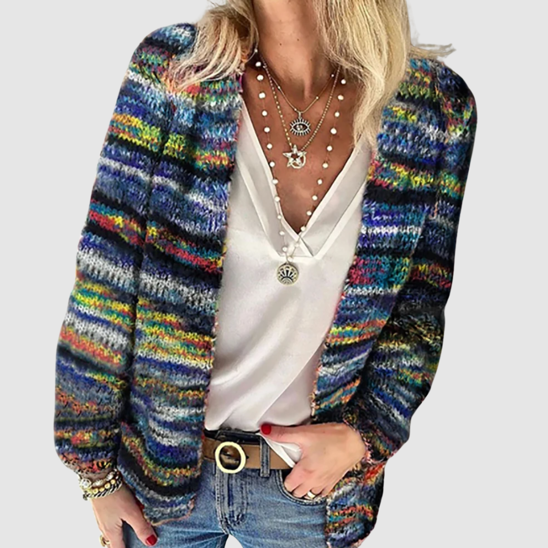 Nikola - Pohodlný vícebarevný pletený cardigan, barva: modrá