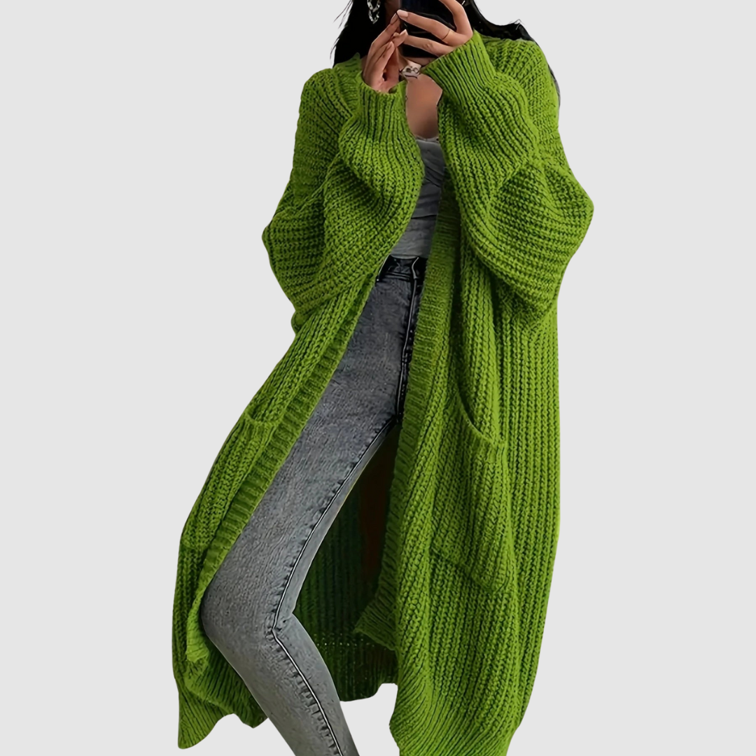 Marie – Pohodlný dlouhý cardigan, barva: olivově zelená