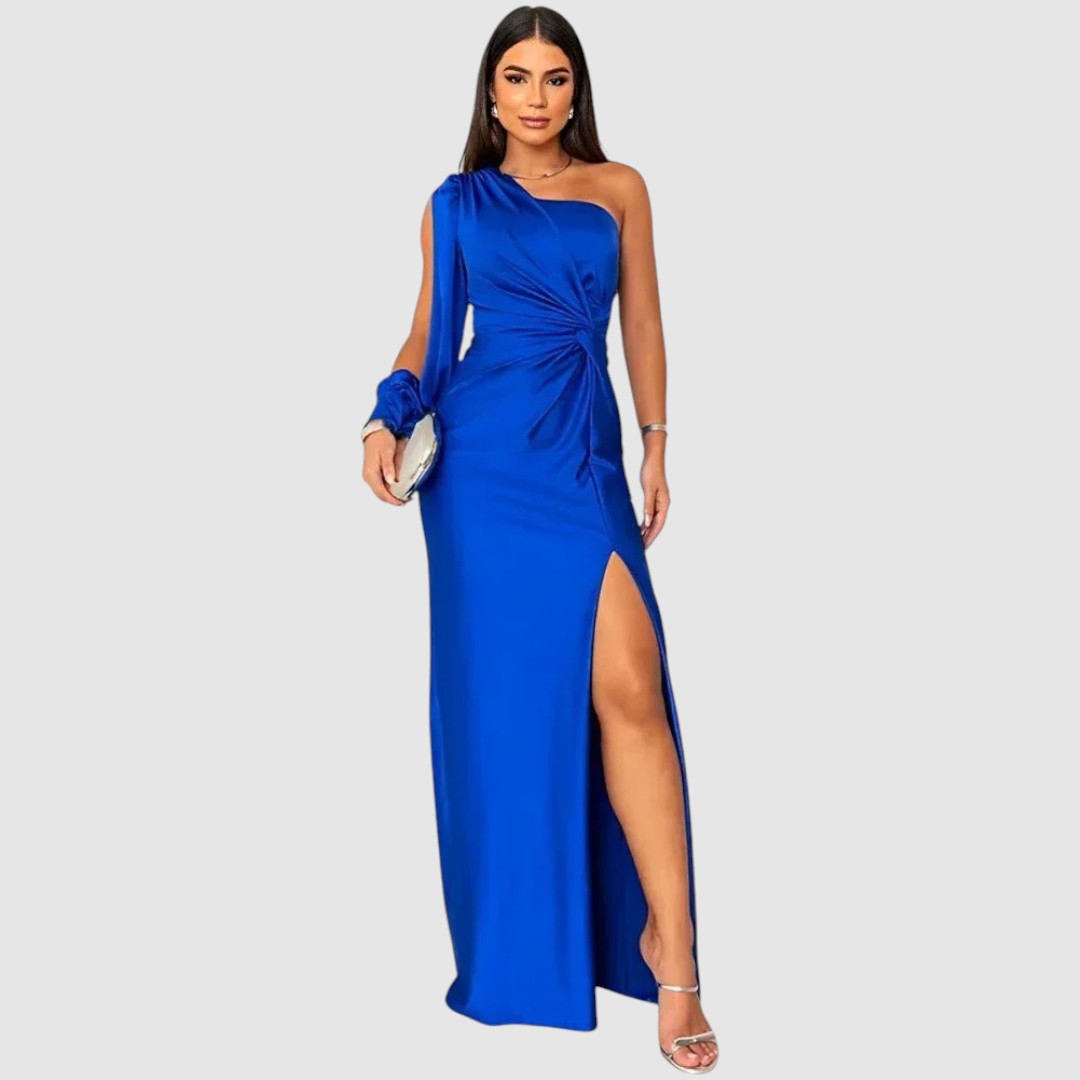 Meda - Elegantní maxi šaty na jedno rameno, barva: modrá