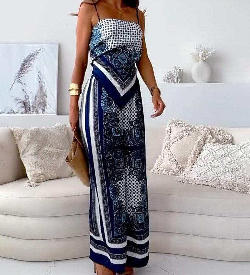 Lilly – Elegantní dvoudílný letní komplet s topem a kalhotami s mašlí, barva: modrá
