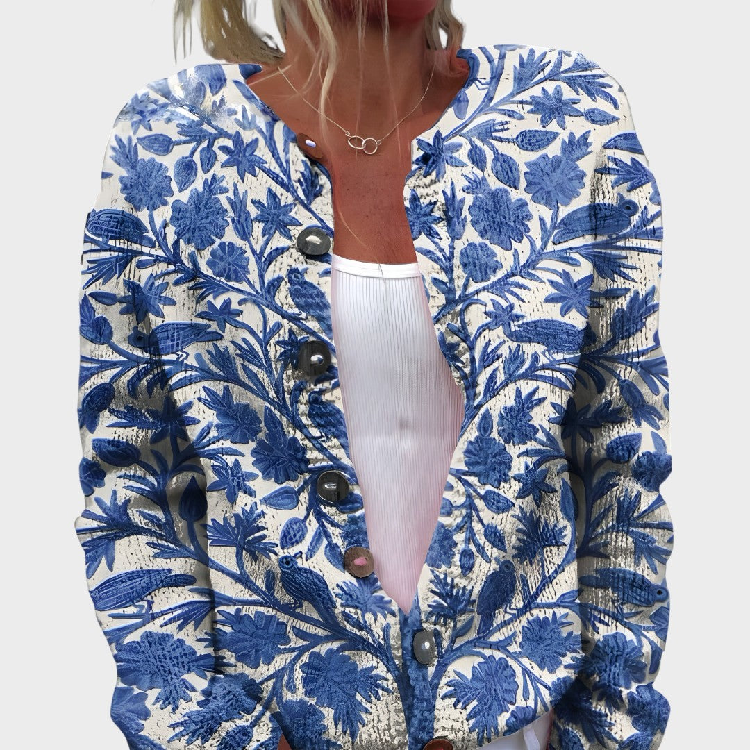 Benedita - Podzimní květinový cardigan, barva: modrá