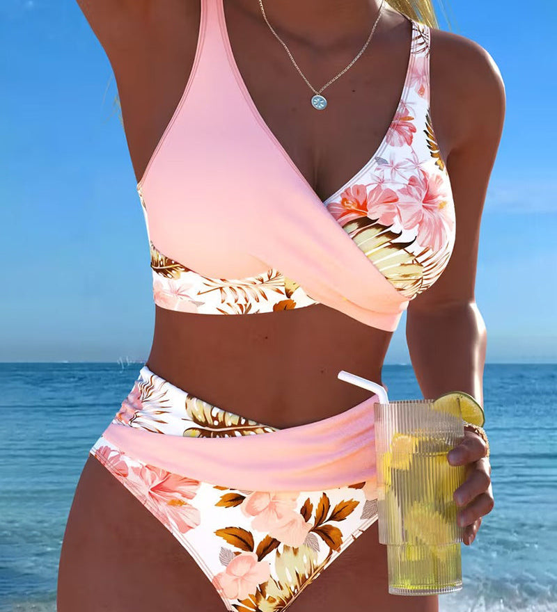 Marie – Bikiny s kontrastním květinovým vzorem a výřezem, barva: růžová