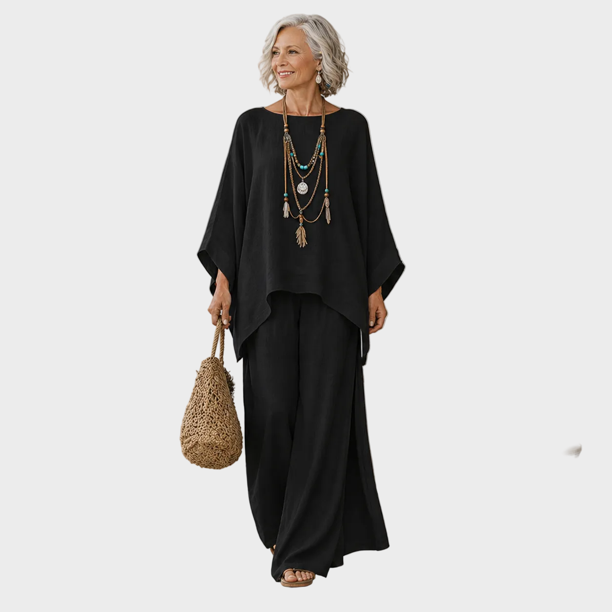 Beata - Elegantní dvoudílný lněný oděvní set, barva: černá