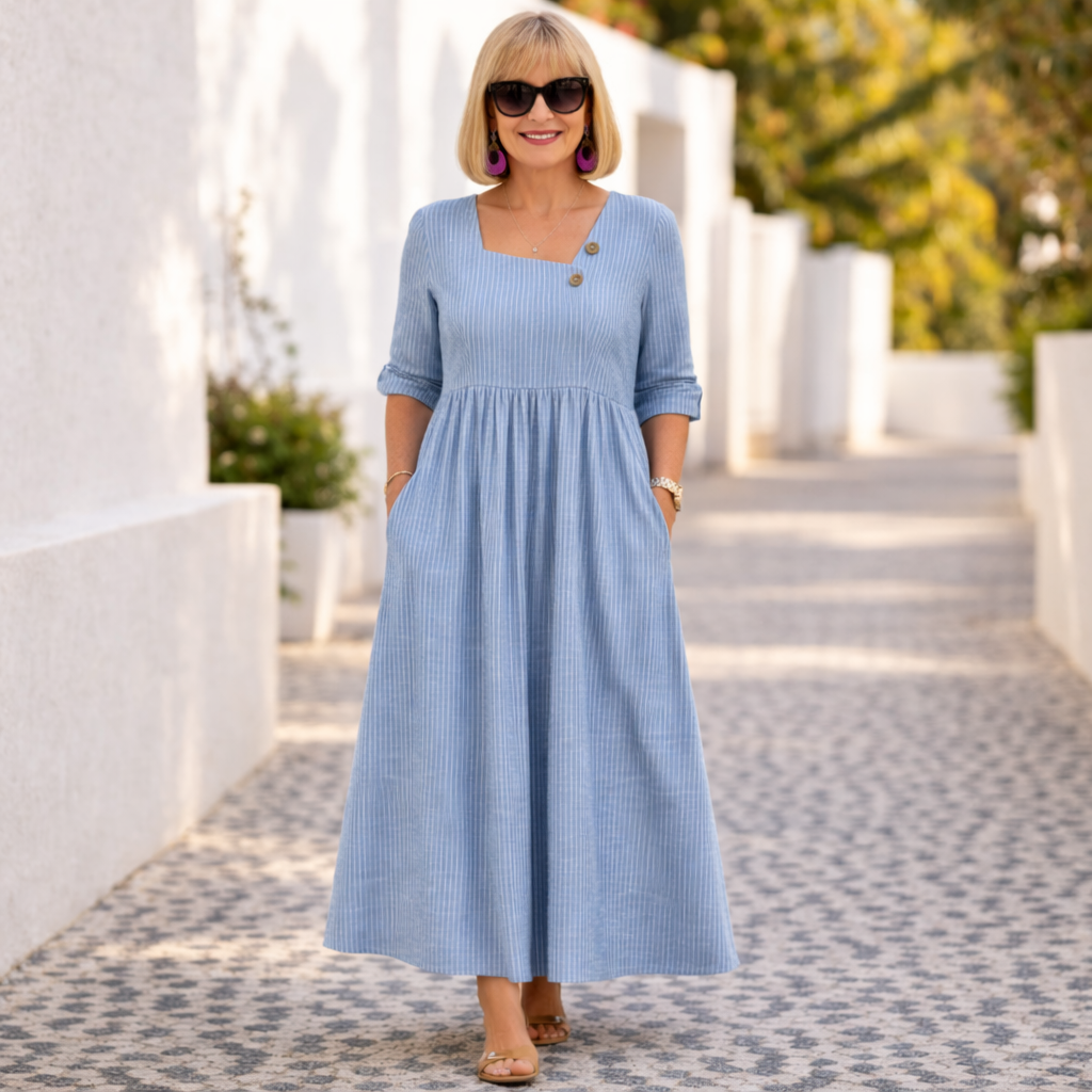 Cleomarie – Elegantní midi šaty, barva: modrá
