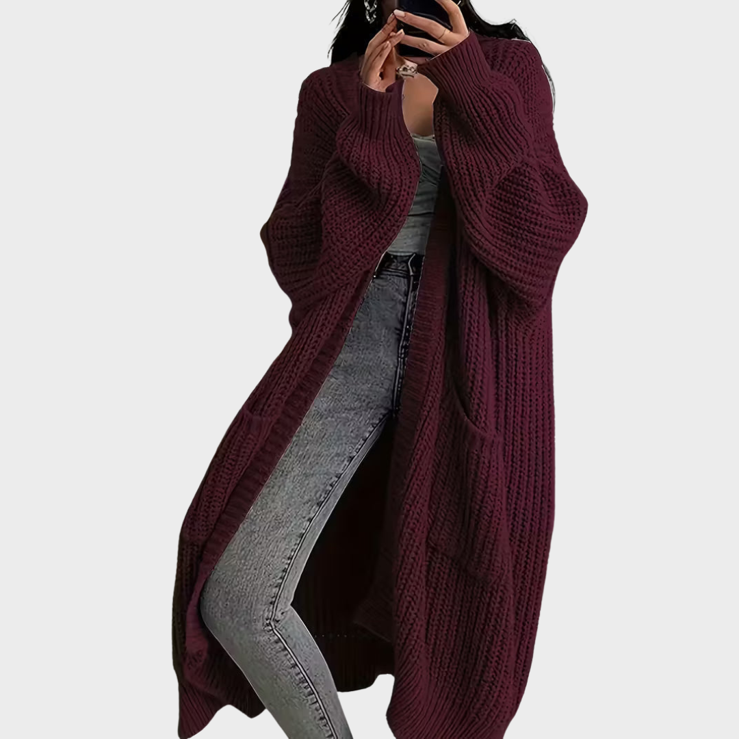 Piper - Dlouhý pletený dámský cardigan, barva: bordó červená