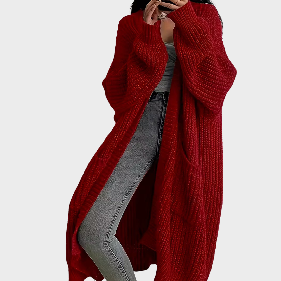 Piper - Dlouhý pletený dámský cardigan, barva: rezavě červená