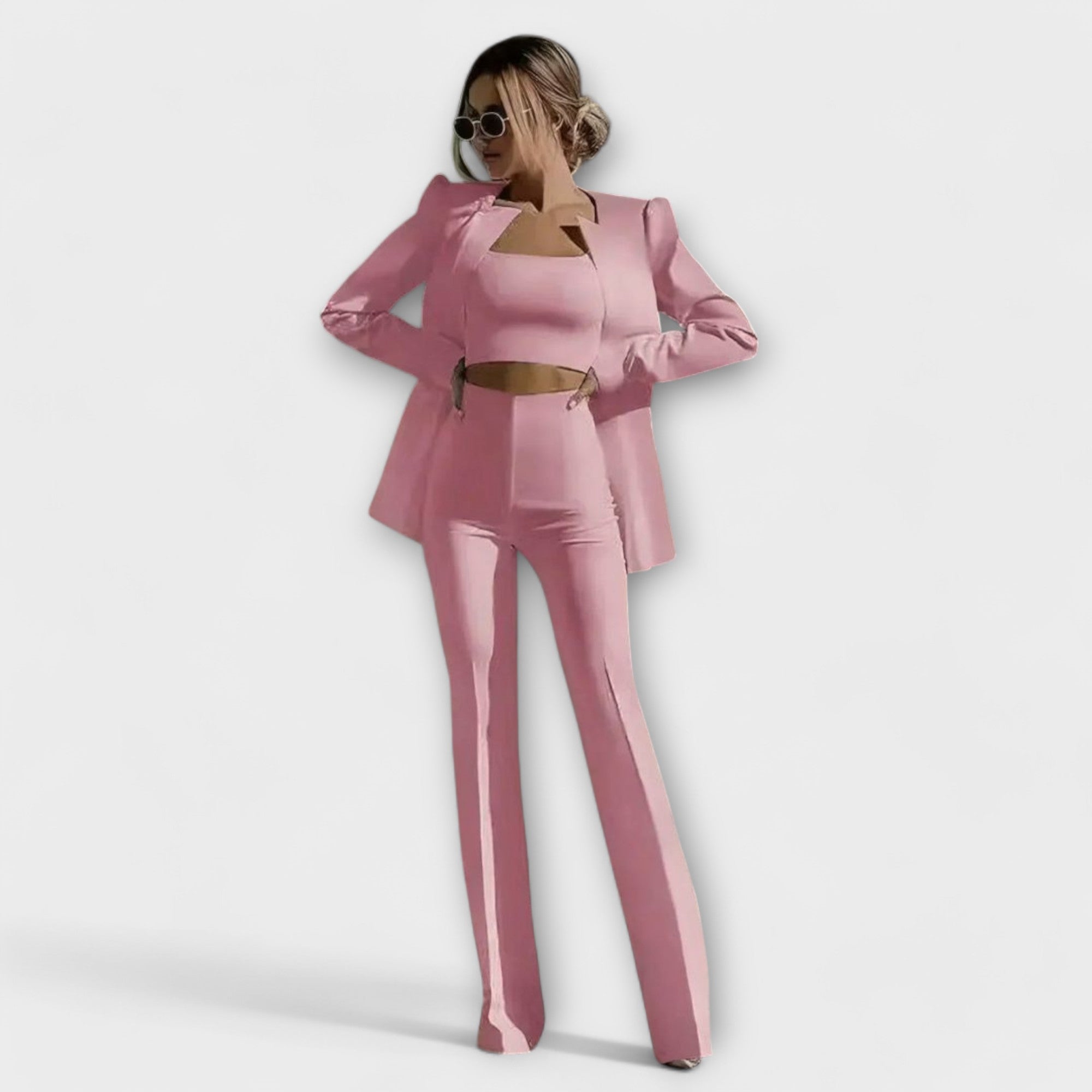 Selina - Elegantní třídílný set (sako, top, kalhoty), barva: růžová