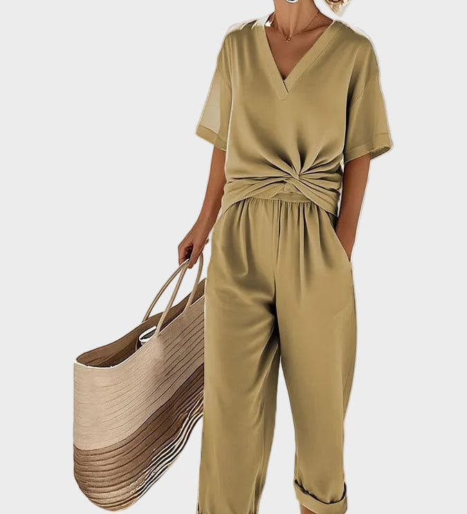 Ava - Elegantní dvoudílný set, barva: khaki