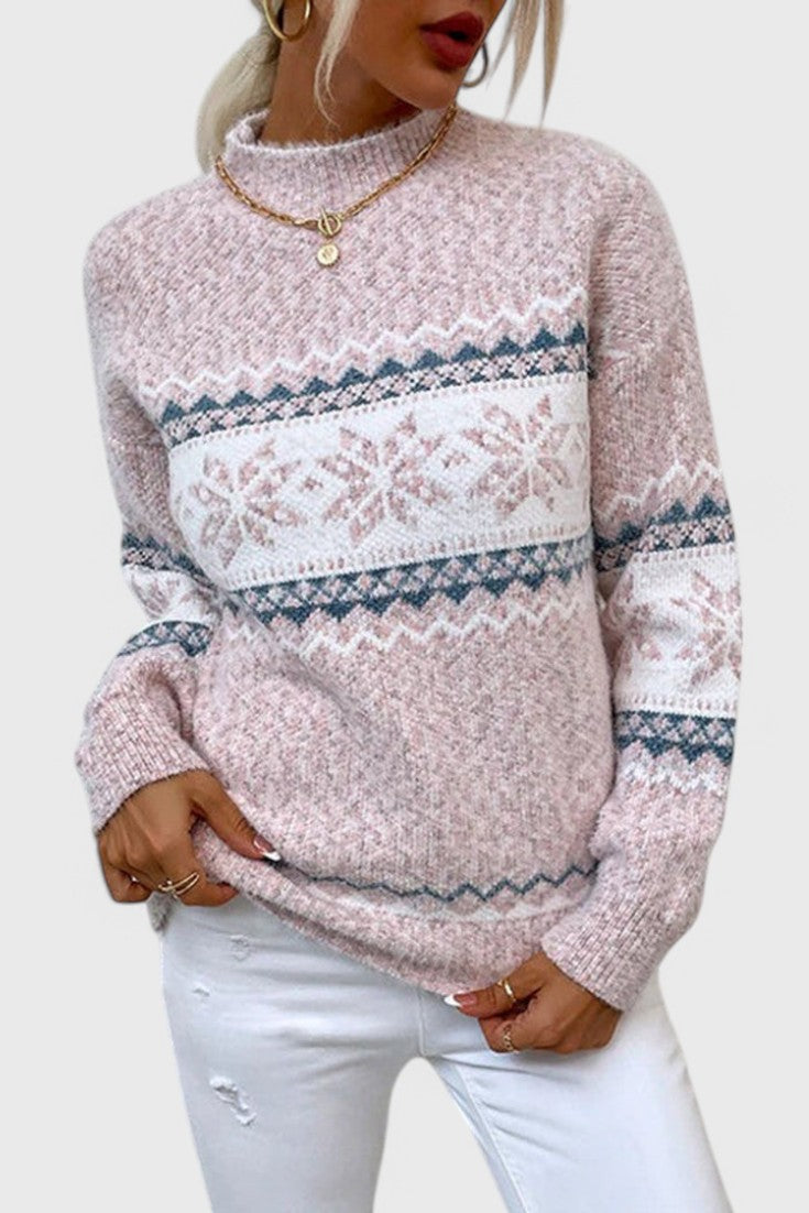 Elegantní svetr se sněhovými vločkami, barva: růžová