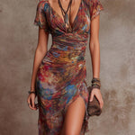 Emilia – Plisované midi šaty s výstřihem do V a abstraktním srdíčkovým vzorem v boho stylu, barva: rezavá