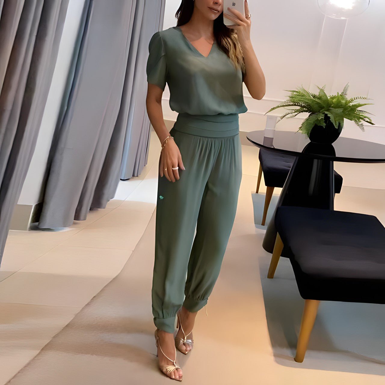 Paula – Elegantní trendy komplet, barva: olivově zelená