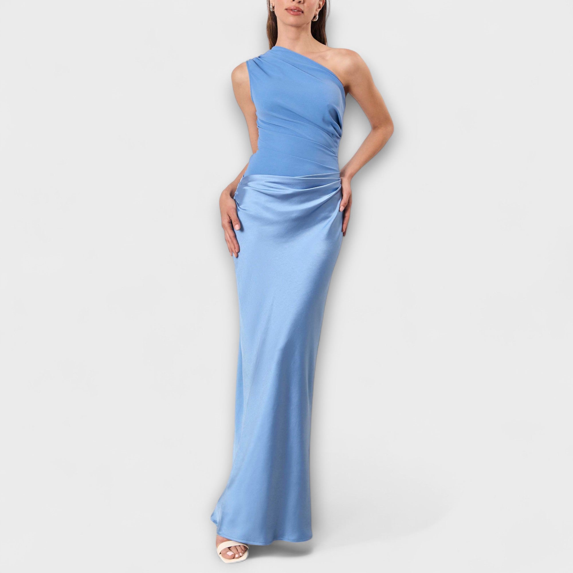 Tania - Elegantní maxi šaty na jedno rameno, barva: modrá