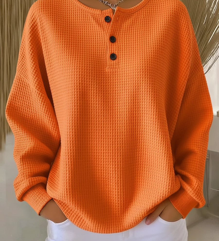 Nuria – Pohodlný vaflový svetr Henley, barva: oranžová