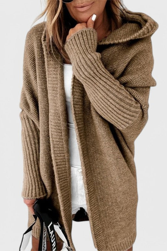 Pletený oversize cardigan s kapucí, barva: khaki