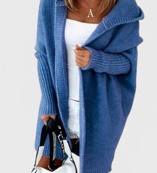 Pletený oversize cardigan s kapucí, barva: modrá