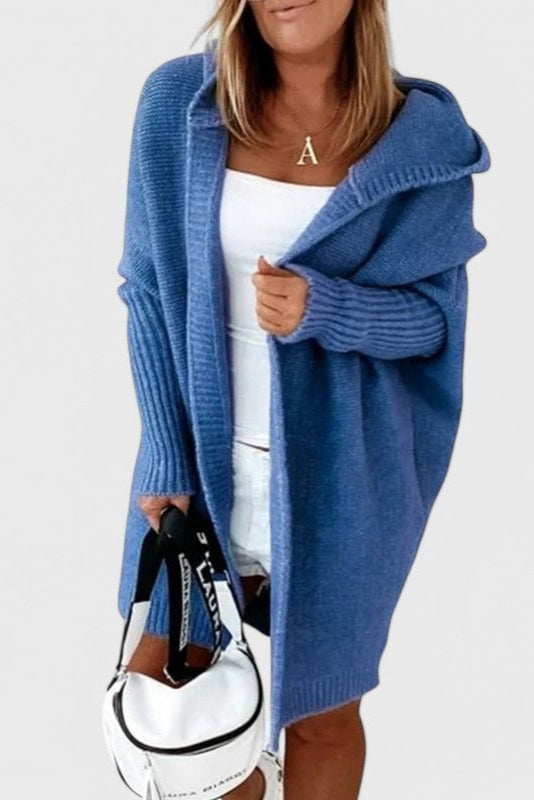 Pletený oversize cardigan s kapucí, barva: modrá