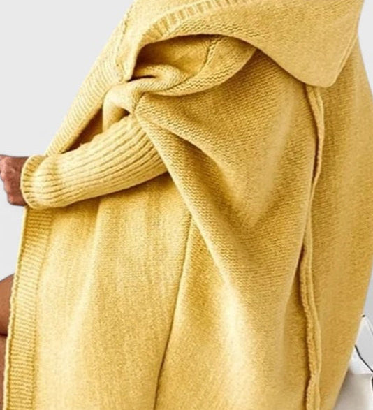 Pletený oversize cardigan s kapucí, barva: žlutá
