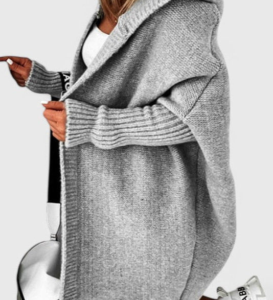 Pletený oversize cardigan s kapucí, barva: šedá