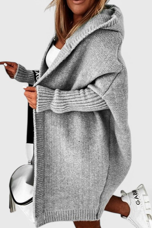 Pletený oversize cardigan s kapucí, barva: šedá