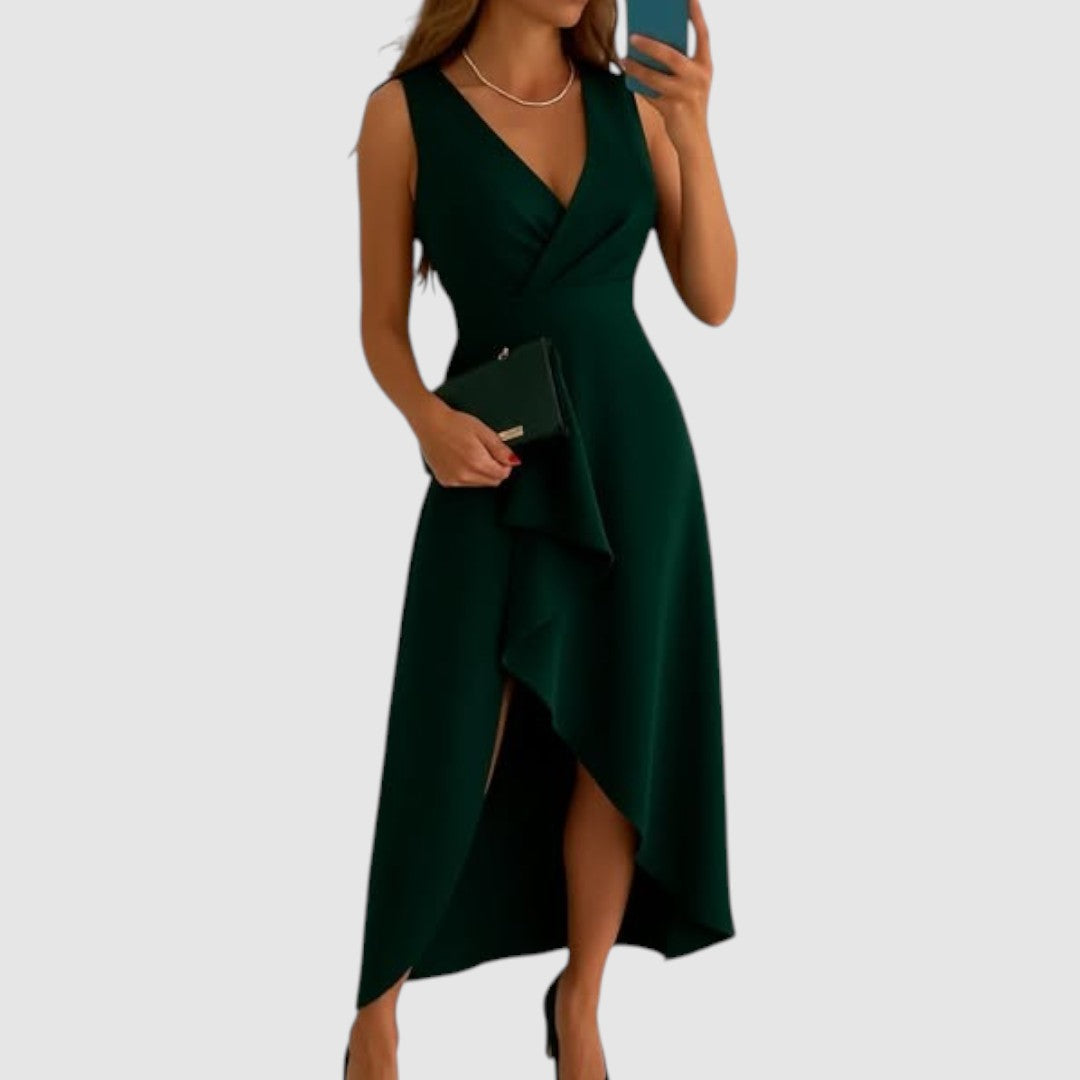Valerie - Elegantní asymetrické šaty s výstřihem do V, barva: mořská modrá