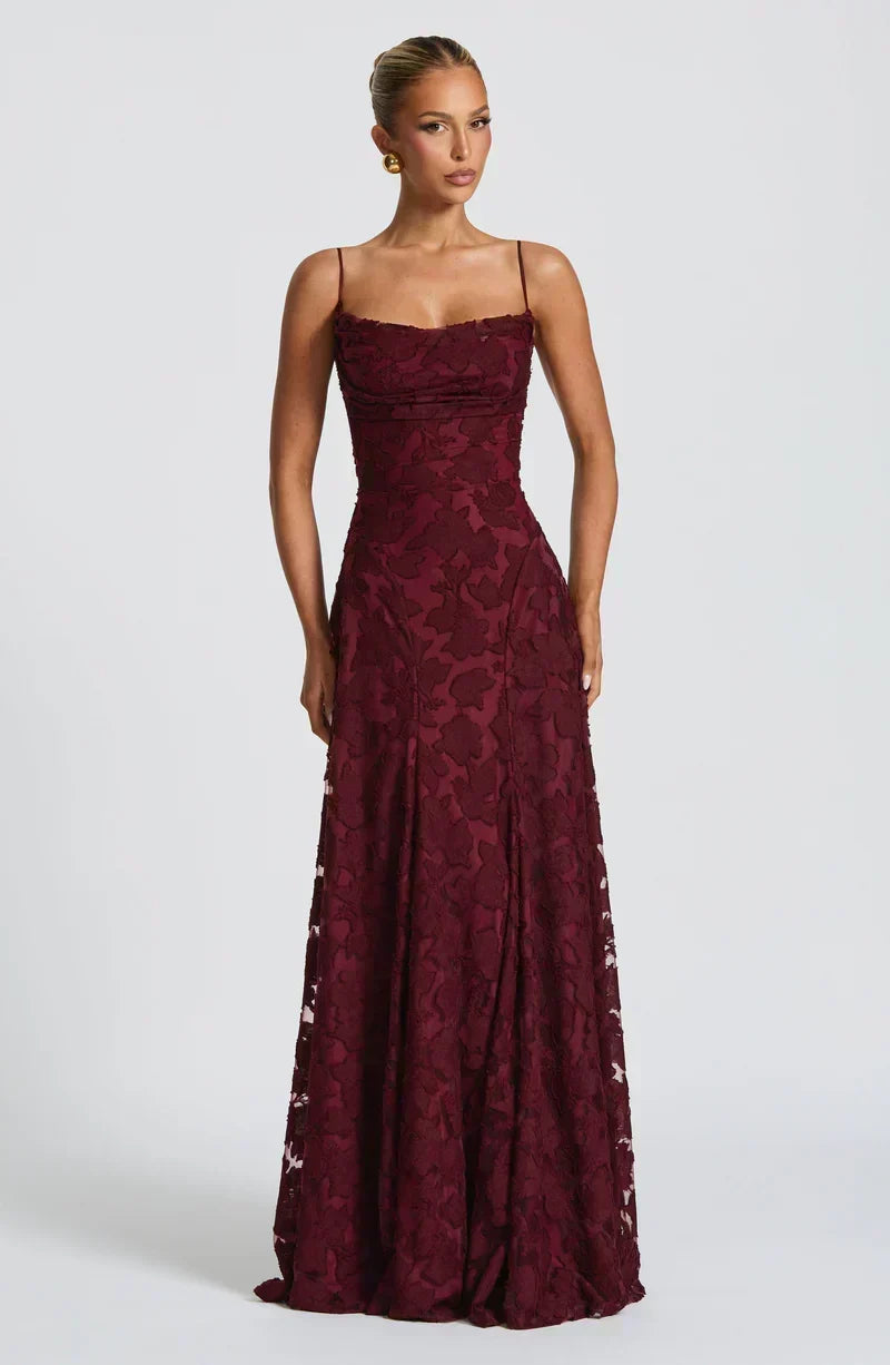 Aleksandra – Elegantní maxi šaty, barva: třešňová