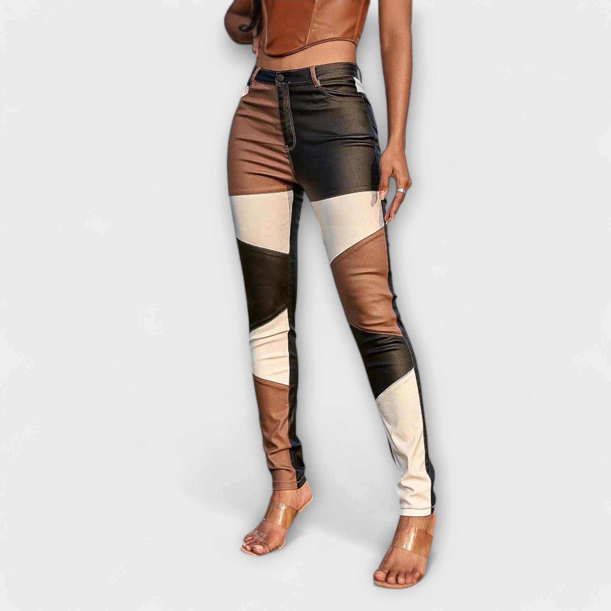 Lykke - Barevné skinny kalhoty s potiskem, barva: hnědá