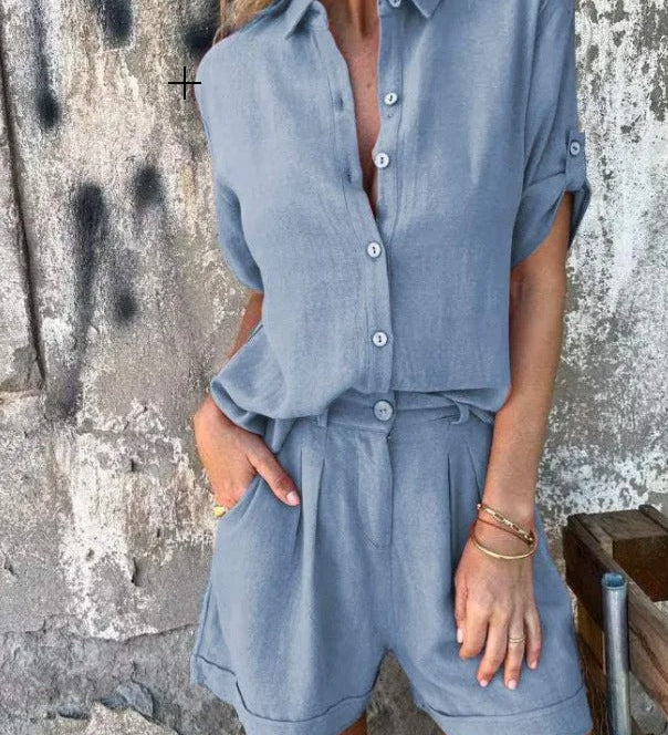 Magdalena – Lehký komplet s knoflíky, barva: modrá